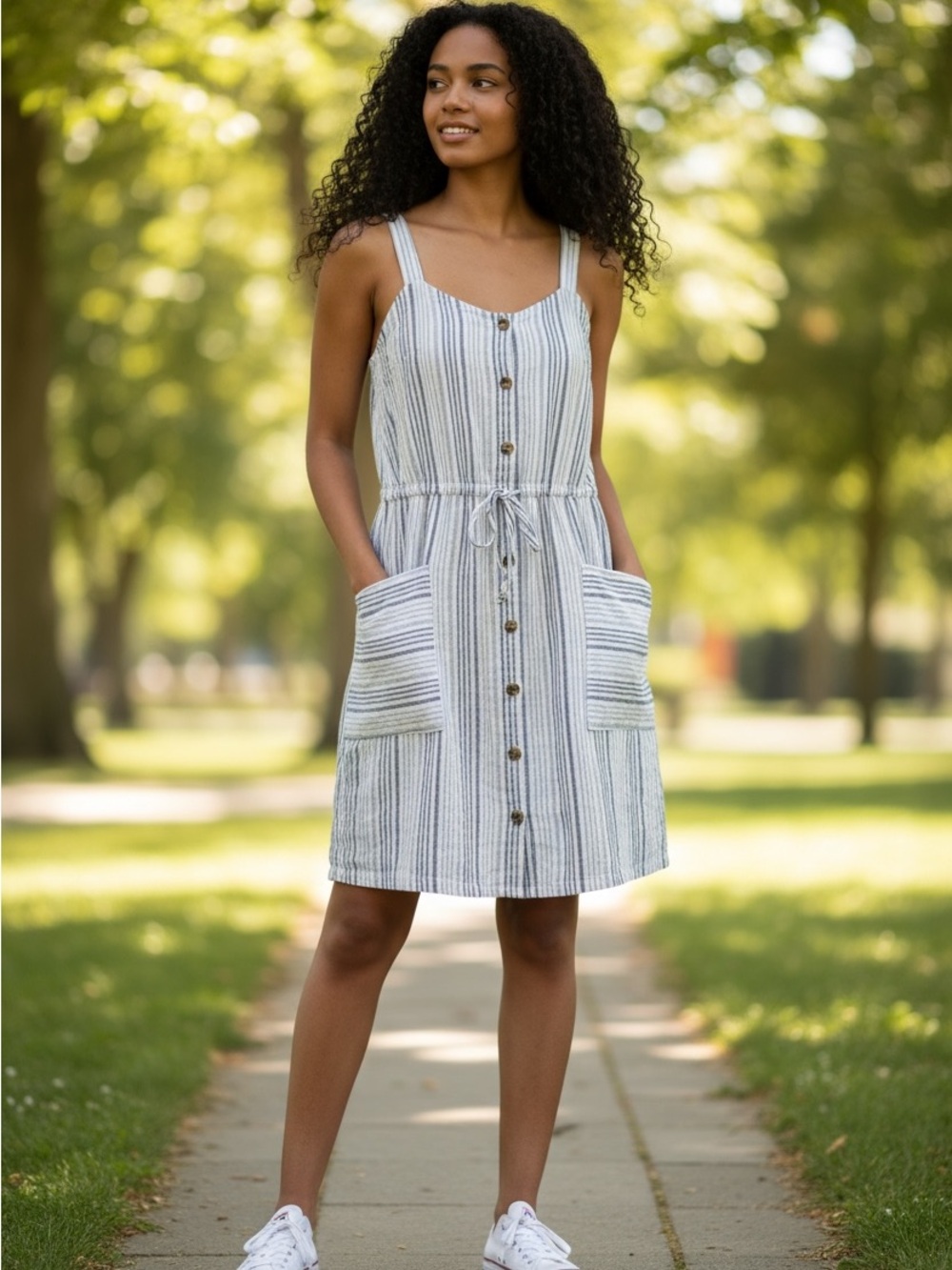 Sonoma Striped Button-Front Linen Blend Sundress in Blue and White